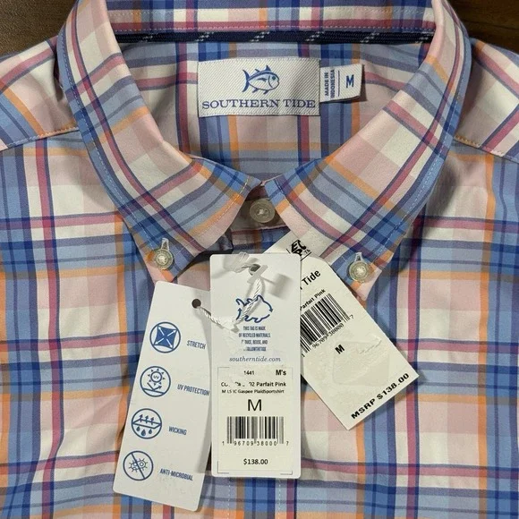 Southern Tide Men's Size Medium Parfait Pink Gaspee Plaid Sport Button Shirt - Picture 7 of 10